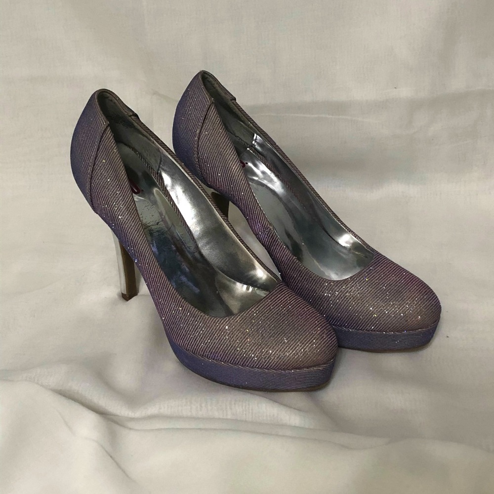 9&co Purple and Silver Platform Heels Glitter Iridescent